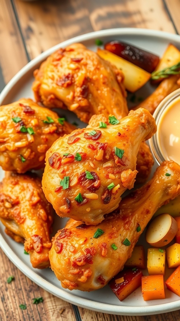 Crispy Air Fryer Bone-In Chicken Legs Recipe Crispy air fryer chicken legs on a plate, garnished with herbs, served with dipping sauce and vegetables.